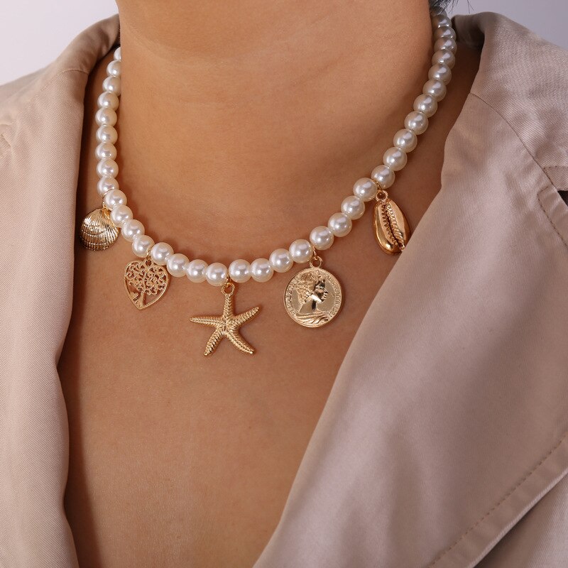 KMVEXO Bohemian Shell Hoofd Lock Ronde Gesimuleerde Parel Kralen Choker Ketting voor Bruiden Vrouwen Vrouwelijke Bruids Bruiloft Sieraden