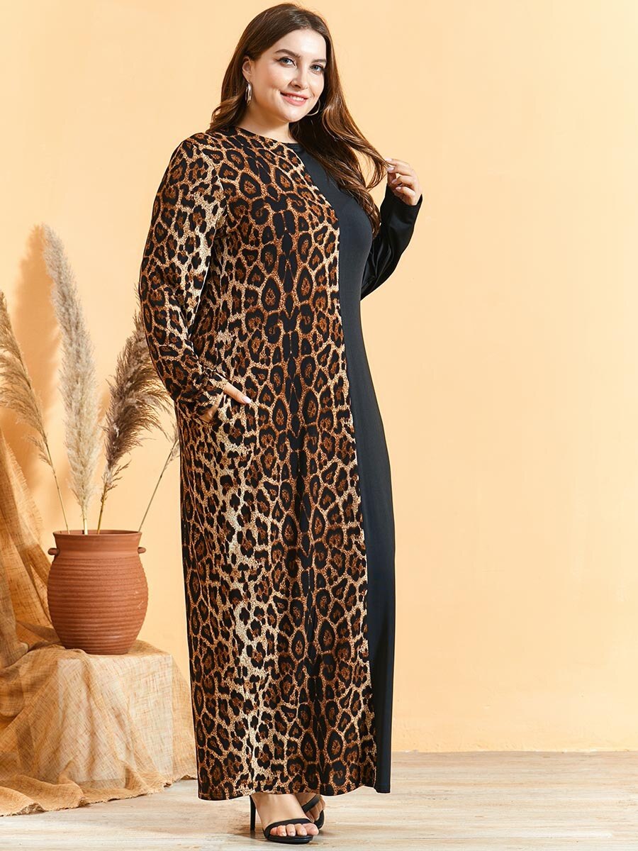 Løs oversize plus size kjole kvinder langærmet leopardprint patchwork maxi lange kjoler tyrkisk arab muslimsk kjole