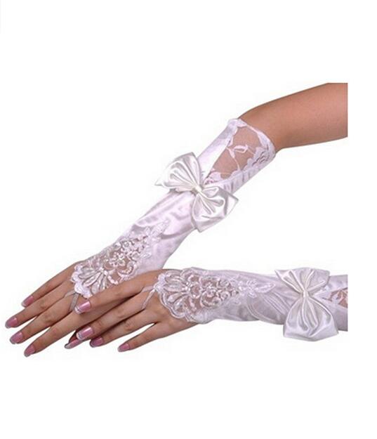 Neue Weiß Und Elfenbein Spitze Hochzeit Braut Handschuhe Perlen Pailletten Fingerlose Handschuhe Braut Mit Bogen