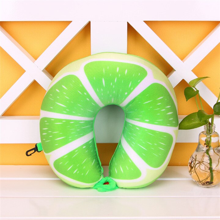 1 Pc 6 Kleuren 3D Fruit U Vormige Kussen Bescherm De Nek Reizen Watermeloen Citroen Kiwi Oranje Kussens Kussen Vliegtuig kussen: Green Orange