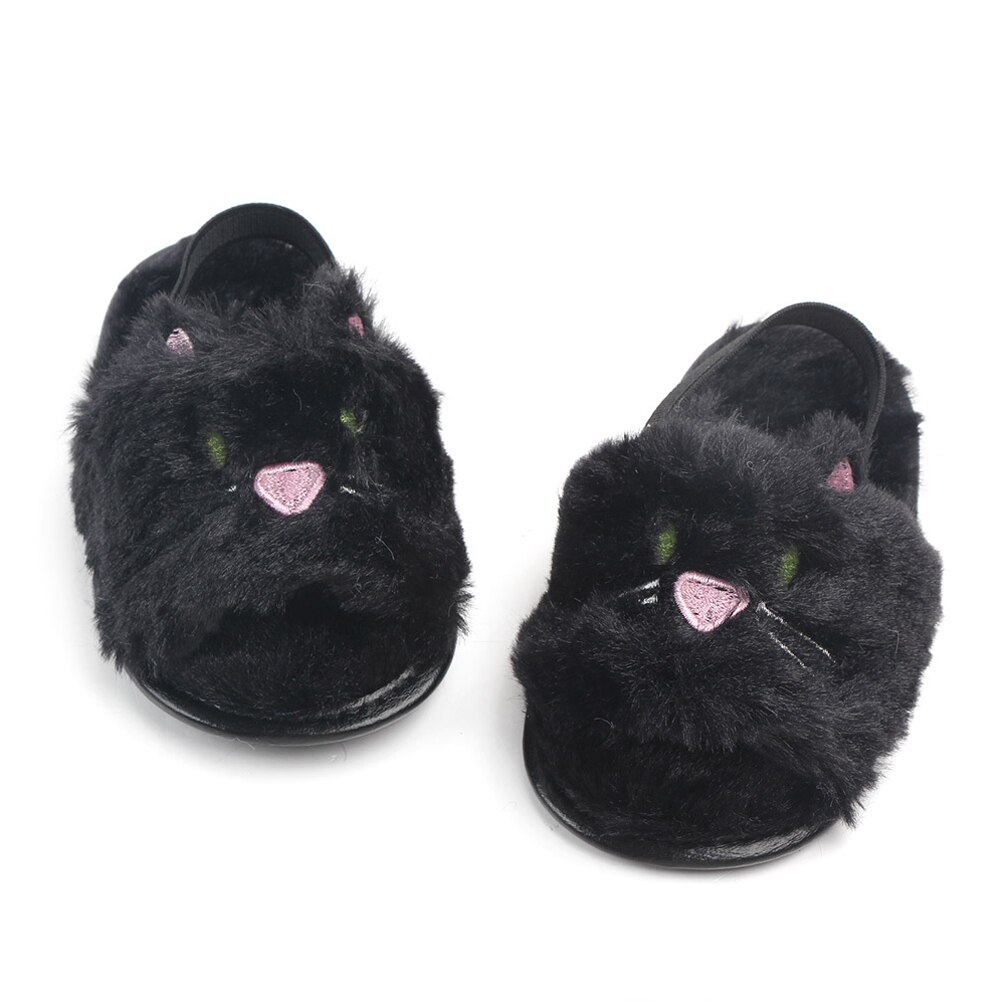 Bonitas zapatillas de bebé, sandalias con patrón de animales para niños pequeños, zapatos para niñas, lindas suelas blandas de piel esponjosa, zapatos antideslizantes para cuna: Black / 7-12 meses