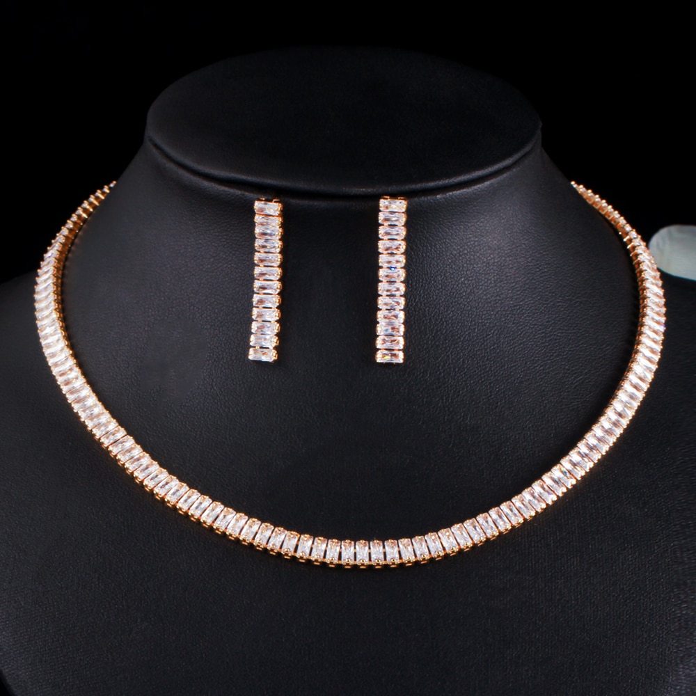 Cwwzircons Glanzende Elegante Witte Baguette Zirconia Afrikaanse Goud Kleur Vrouwen Bruiloft Ketting Oorbel Brides Sieraden Set T505