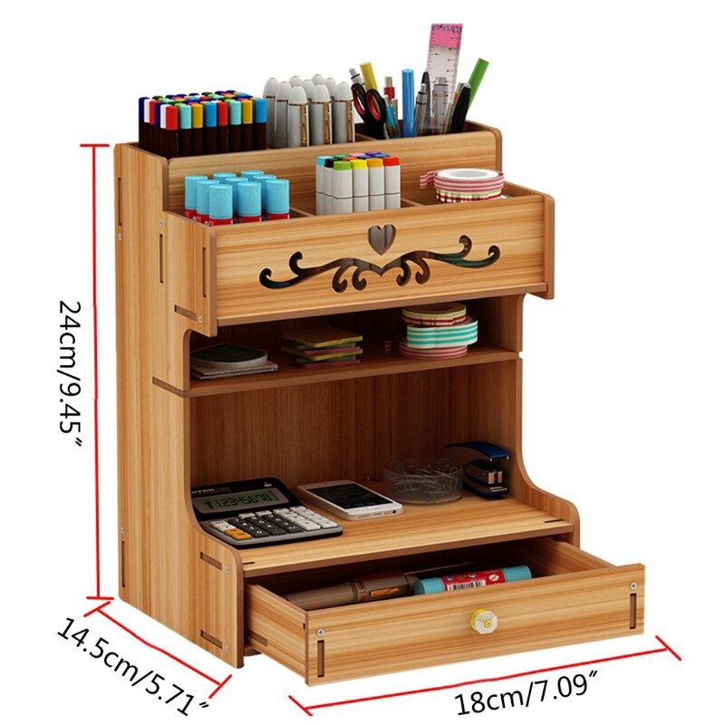 Wooden Pen Holder with Drawer Multi-Functional Desktop Stationary Pencil Box Home School Office Art Supplies Organizer Rack