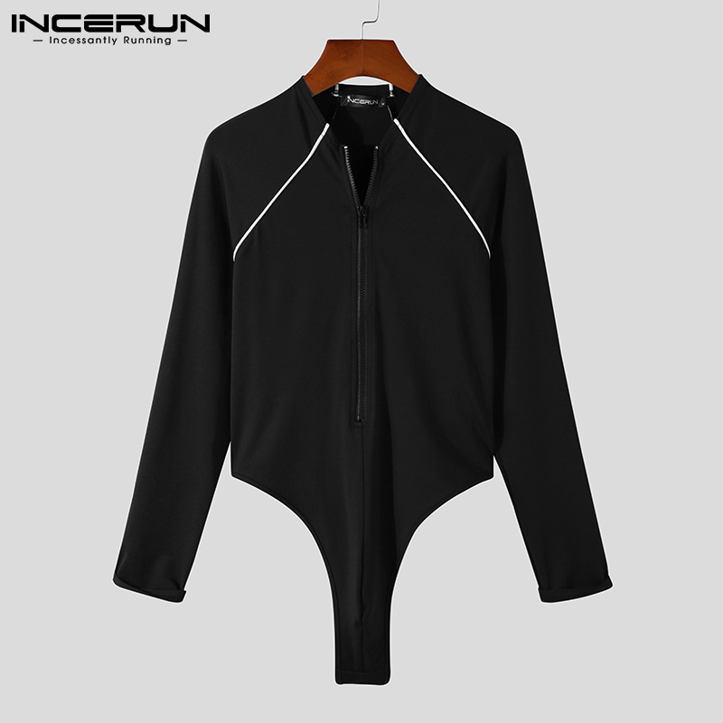 INCERUN 2022 Men Bodysuits Pajamas Homewear Patchwork Fitness Long Sleeve Zipper Men Rompers Comfortable Leisure Bodysuits S-5XL