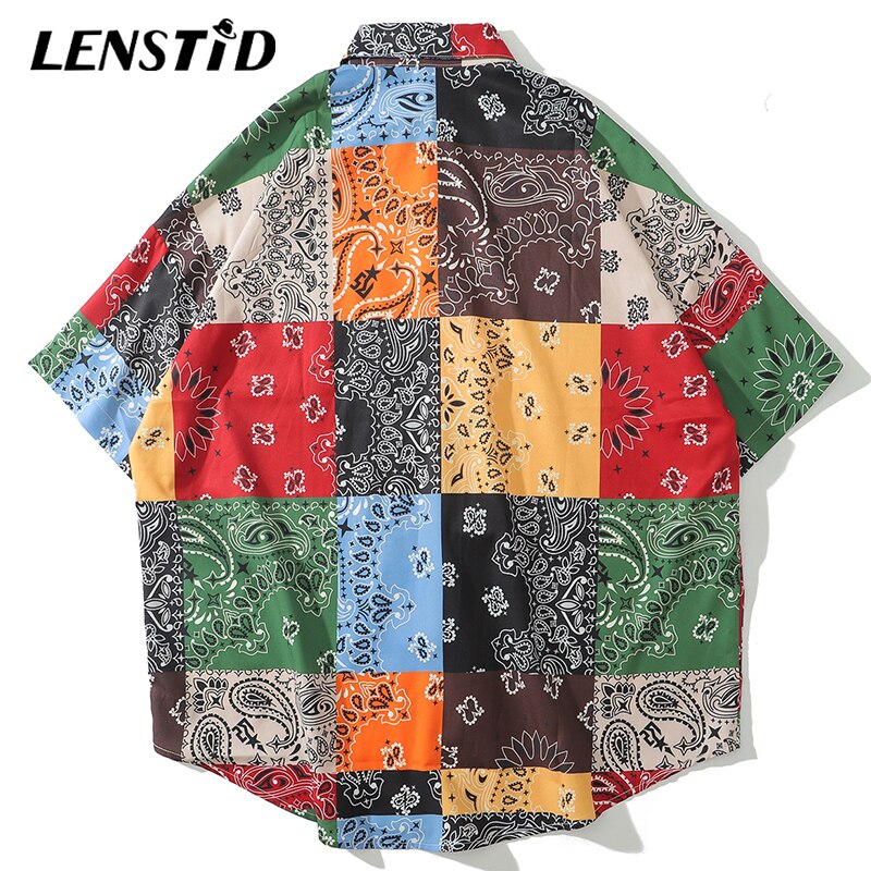 LENSTID Mens Hip Hop Cashew Print Color Block Hawaiian Shirt Harajuku Streetwear Beach Shirt Summer Short Sleeve Oversize Shirts