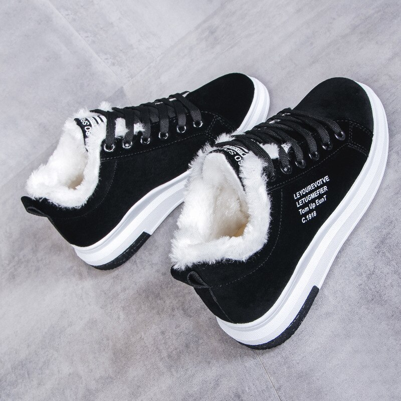 Winter damesschoenen warme bont pluche dames casual schoenen veterschoenen sneakers dames platform: Zwart / 35