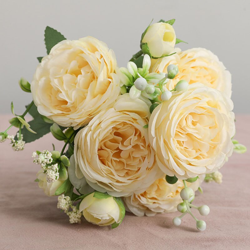 5 cabezas grandes rosas ramo de flores falsas para la decoración del hogar Decoración de la boda Rosa Blanca peonía flores artificiales: yellow