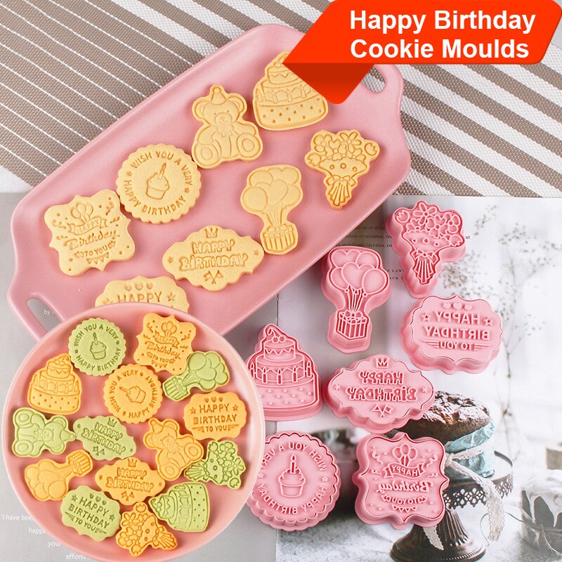Gelukkige Verjaardag Cookie Reliëf Stempel Diy Cartoon Beer Bloem Ballon Druk Bakvorm Cake Decorating Gereedschap