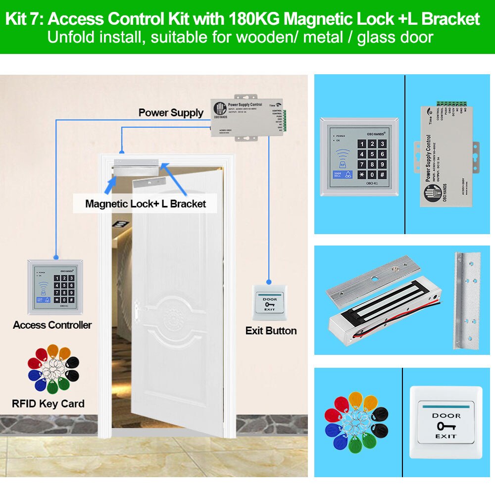 Full RFID Door Entry Access Control System Kit Set DC12V 1000 User 125KHz with Electric Magnetic Lock Strike Bolt Lock for Gate: Kit7 with L Bracket