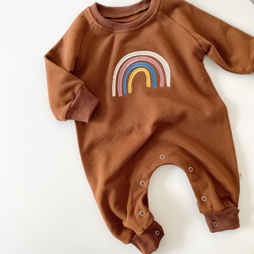 Bebê macacão bordado arco-íris macacão infantil meninas meninos roupas outono algodão bebê manga longa arco-íris macacão: C178brown / 6 m