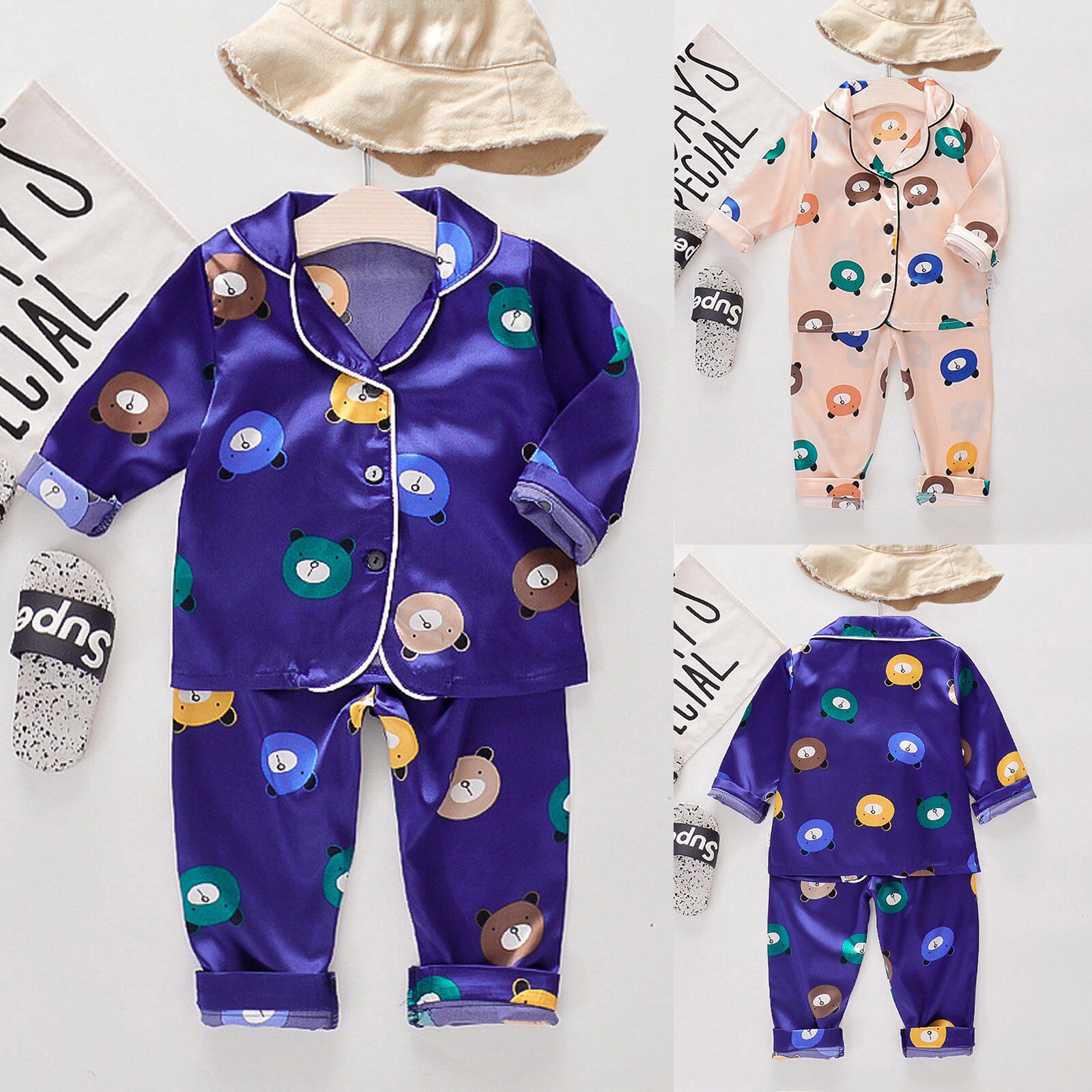 Conjunto de pijama de manga larga para niños y niñas pequeños, ropa de dormir de satén con botones de dibujos animados, cuello doblado hacia abajo, 4 #