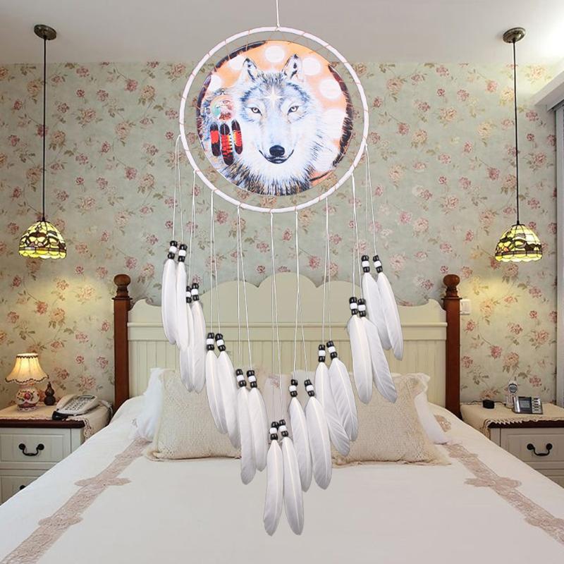 Toile imprimée de loup 1 pièce | Filet attrape-rêves, plume perle, attrape-rêve, ornement suspendu, décoration de voiture maison