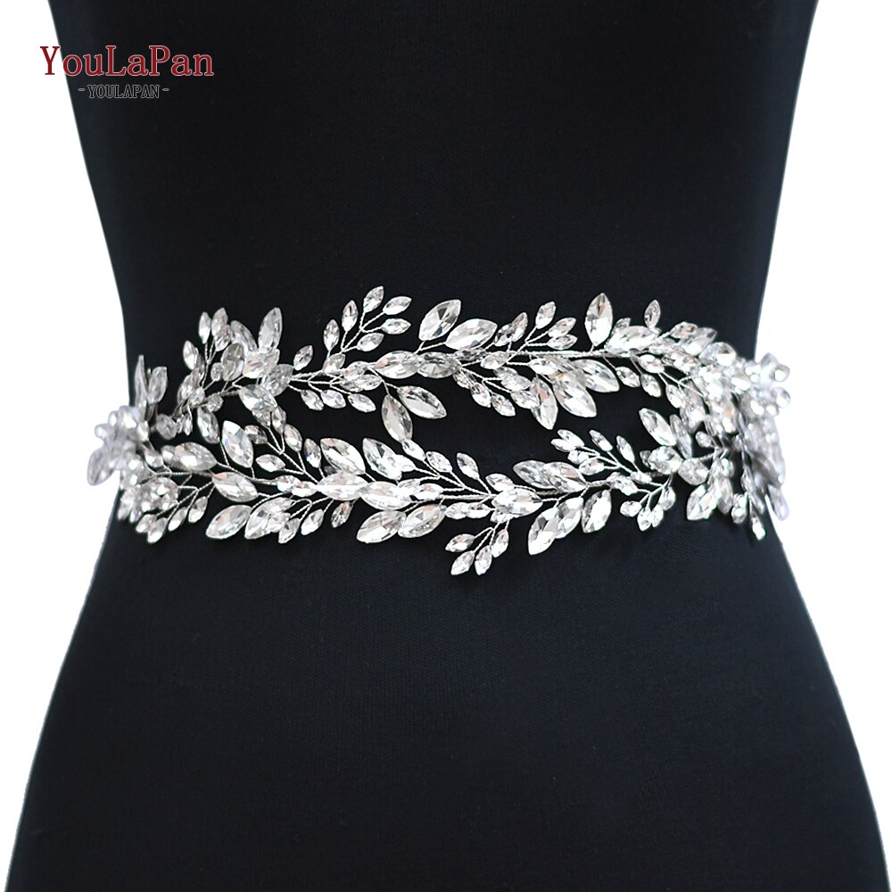 YouLaPan SH304 Handgemachte Strass Gürtel Silber Hochzeit Kleid Gürtel Schärpe Stirnband Prom Abendkleider Zubehör für Frauen