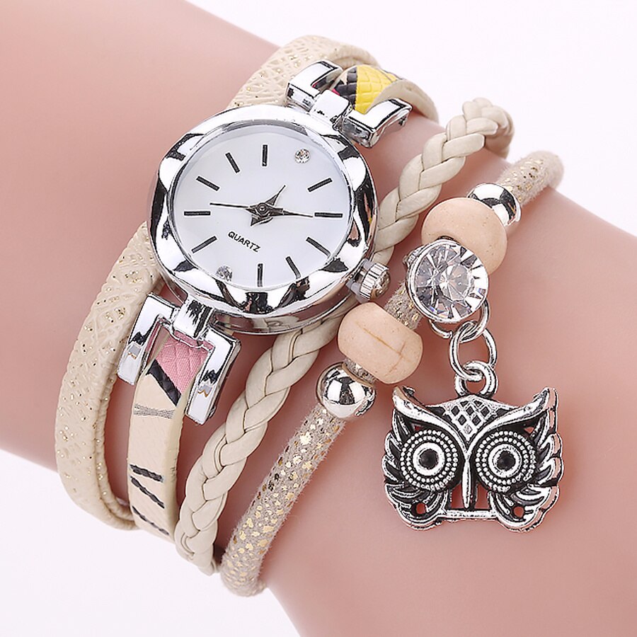 Montre Bracelet avec pendentif hibou pour femmes, décontractée, à Quartz, à la: beige