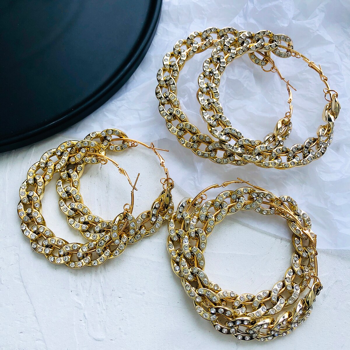 AMORCOME Rhinestone Chain Hoop Earrings For Women Big Circle Round Earrings Brincos Female Statement Jewelry