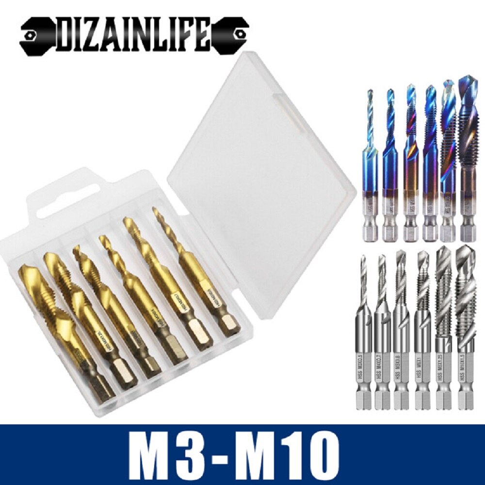 M3 M4 M5 M6 M8 M10 Titanium Tap Drill Bit Set Hex Shank HSS Screw Thread Metric Combination Drill Bits Compound Hand Tools