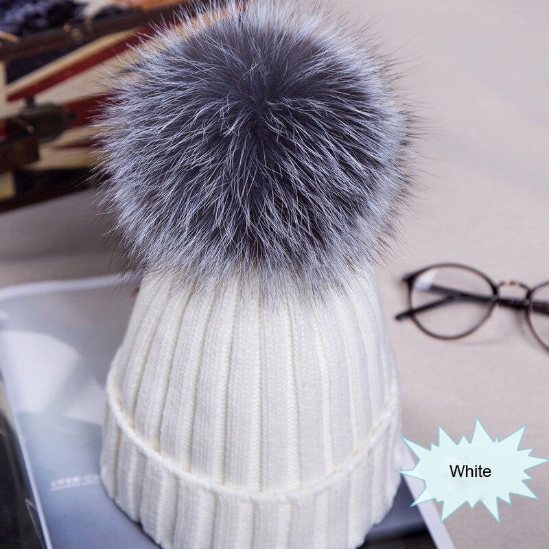 Kvinner pels pom pom ball strikk vinter varm hekle posete boble lue lue beret ski lokk varm: Hvit