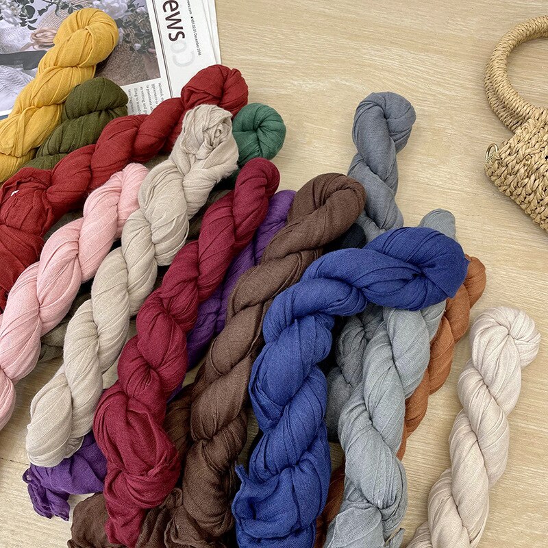 Écharpe plissée rétro en coton et lin de couleur unie pour femme, châle Long de chambre à coucher, pour bureau, printemps et automne