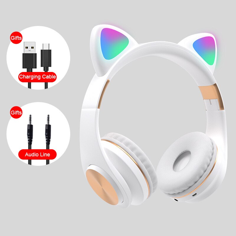RGB flash light cute cat ear wireless headphones noise reduction headset Bluetooth children's headset with microphone for phone: white