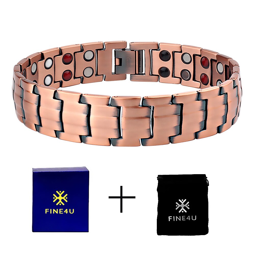 FINE4U – Bracelets magnétiques en cuivre B383 pour hommes, soulagement de l'arthrite, douleur, santé, Double rangée de 4 éléments, aimants puissants: Copper3