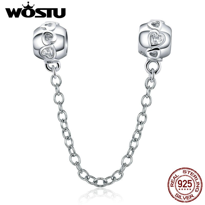 WOSTU 100% 925 Sterling Silver De-lovely Heart Safety Chain Charm fit Beads Bracelet Necklace DIY Jewelry Making CQC736