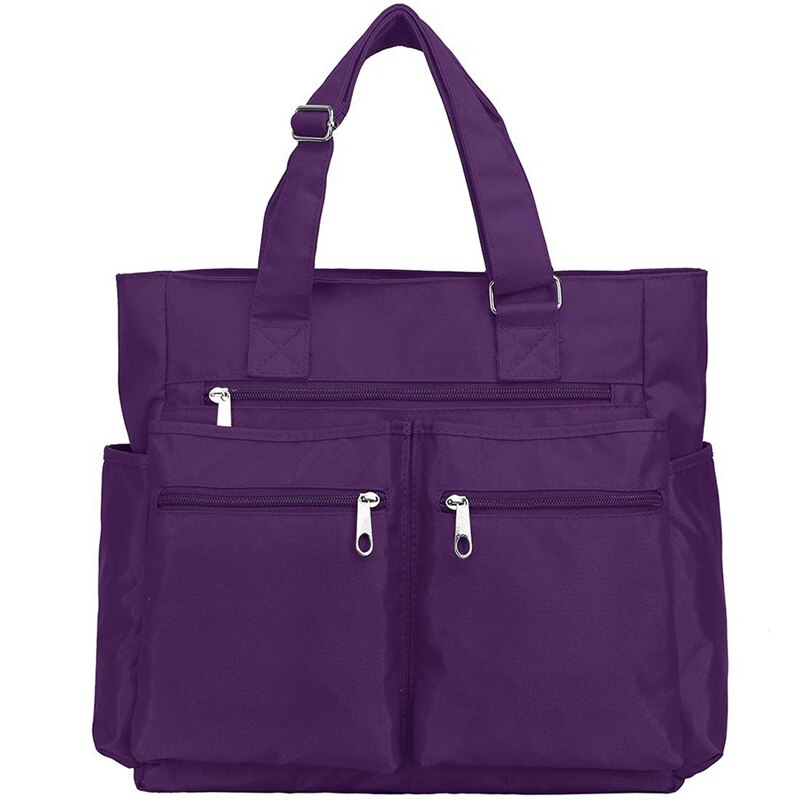 Canvas Tote Bag Waterproof Nylon Multi-Pocket Laptop Work Bag Teacher: Purple