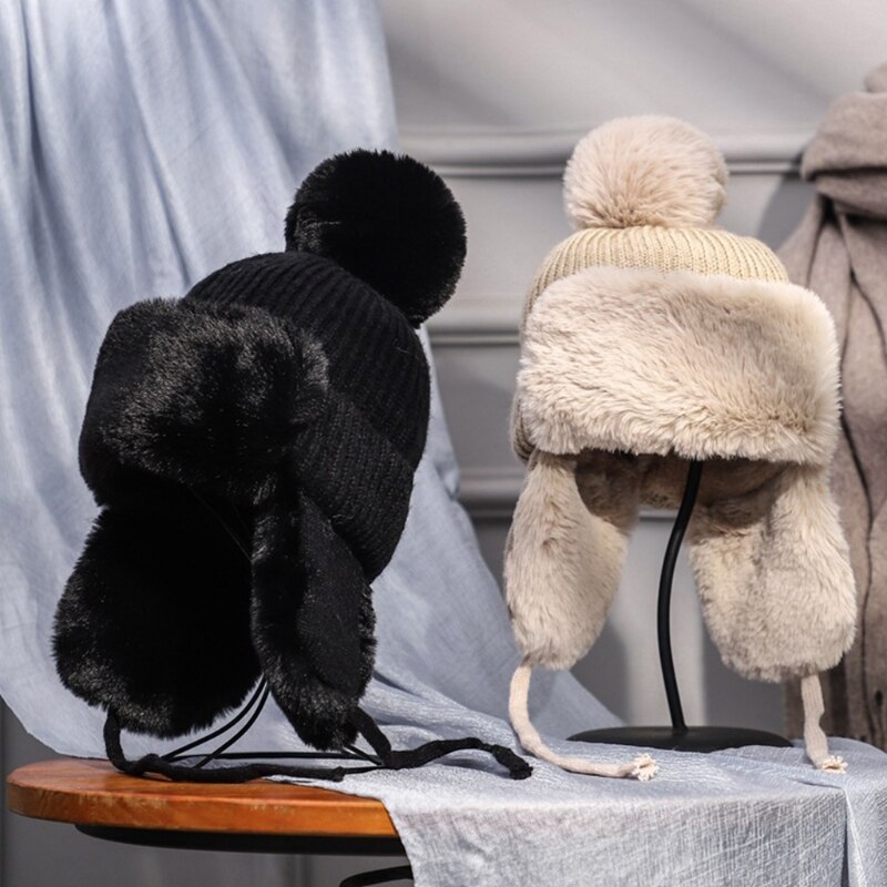 Kvinner vinterstrikk pom pom fangstmann lue tykk fluffy plysj termisk varm snø ski vindtett ensfarget lue øreklaff lokk