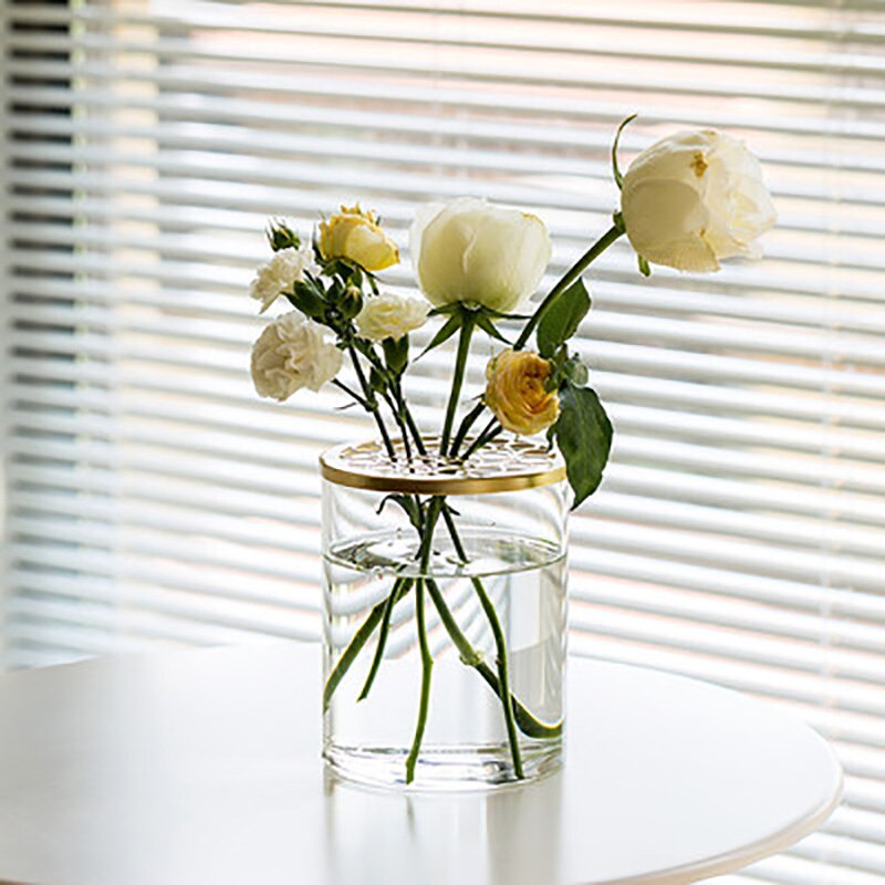 Nordic Transparent Glass Vase Golden Grid Cover Living Room Flower Arrangement Ikebana Decoration Desktop Hydroponic Plants Tool