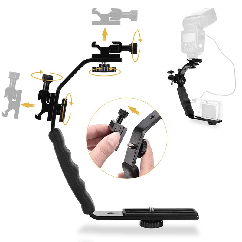 Gepolsterter l-winkel-handhalter, robuster l-winkel-adapter mit kugelkopf und doppeltem blitzschuh für dslr-kameras