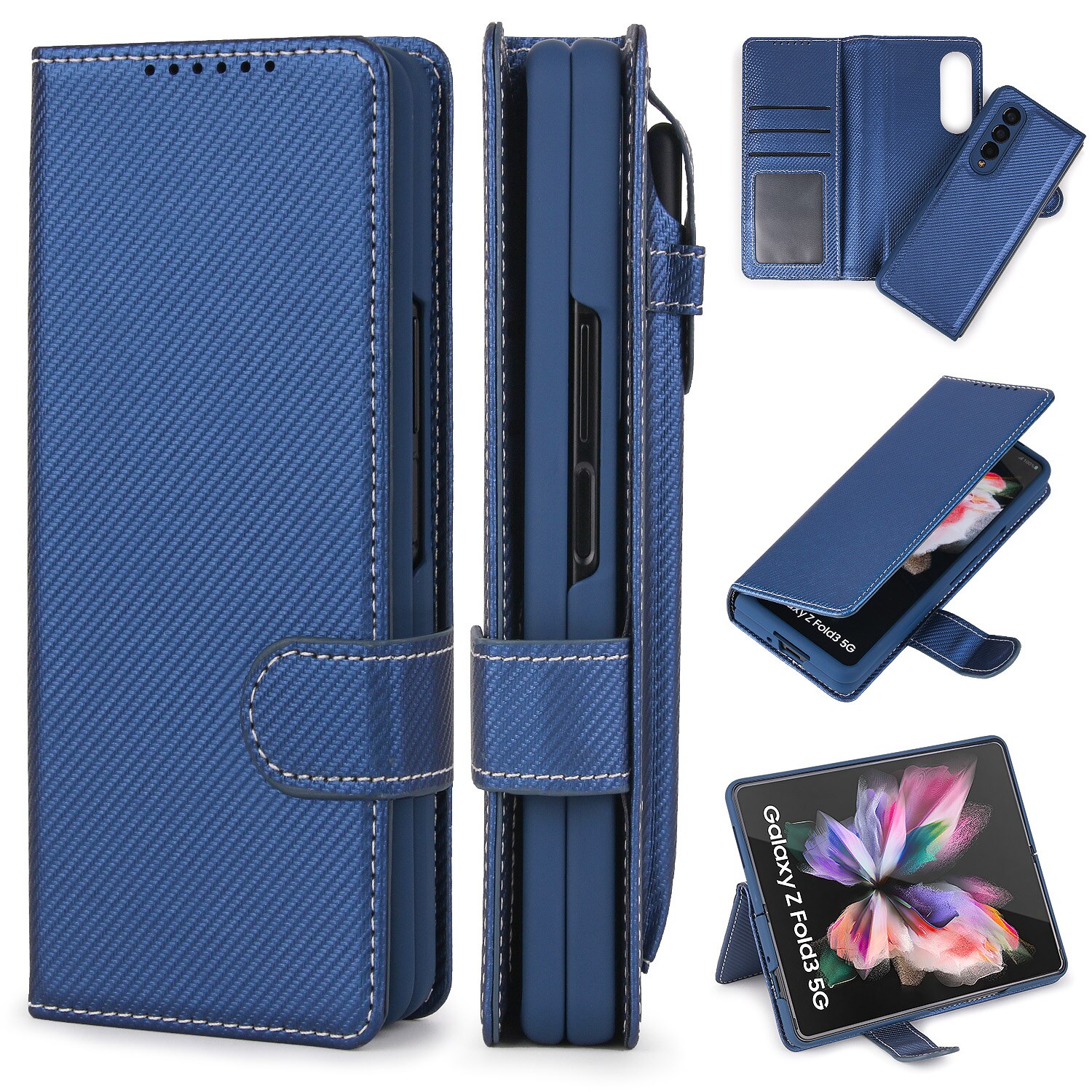 Afneembare Case Voor Samsung Galaxy Z Vouw 3 Pu Leer Magnetische Kickstand Shockproof Cover Met S Pen Stylus Houder: Twill Blue