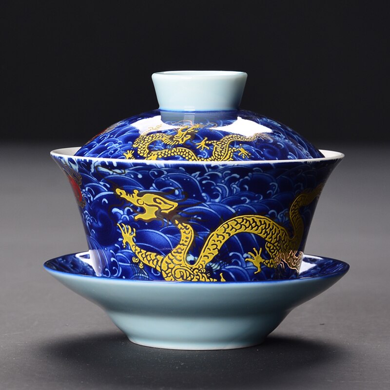 Retro Dragon Tea Maker Chinese Gaiwan Tea Cup 200ml Tureen Jingdezhen White and Blue Porcelain Teaware Cups and Saucer Sets