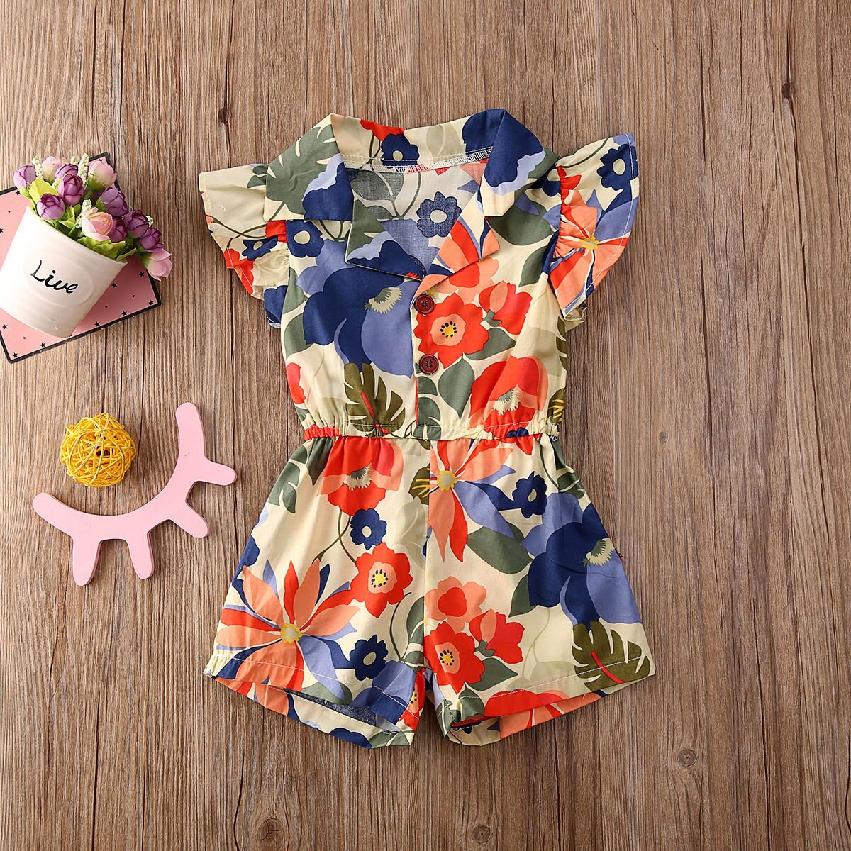 Børn overall småbørn baby pige solsikke print flæse jumpsuit playsuit kortærmet sommer stretch v-hals: Blå / 2t
