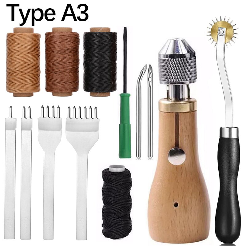 Juego de punzón de costura de cuero con cinceles de cuero, hilo encerado plano, rueda de Overstitch, aguja cónica, Zapatero, herramientas de puntada Manual: Type A3