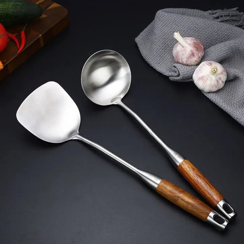 Manche en bois de rose, spatule Wok en acier inoxydable, pelle fendue, retourneur cuillère à riz, ustensile de service, outils de cuisine: 8