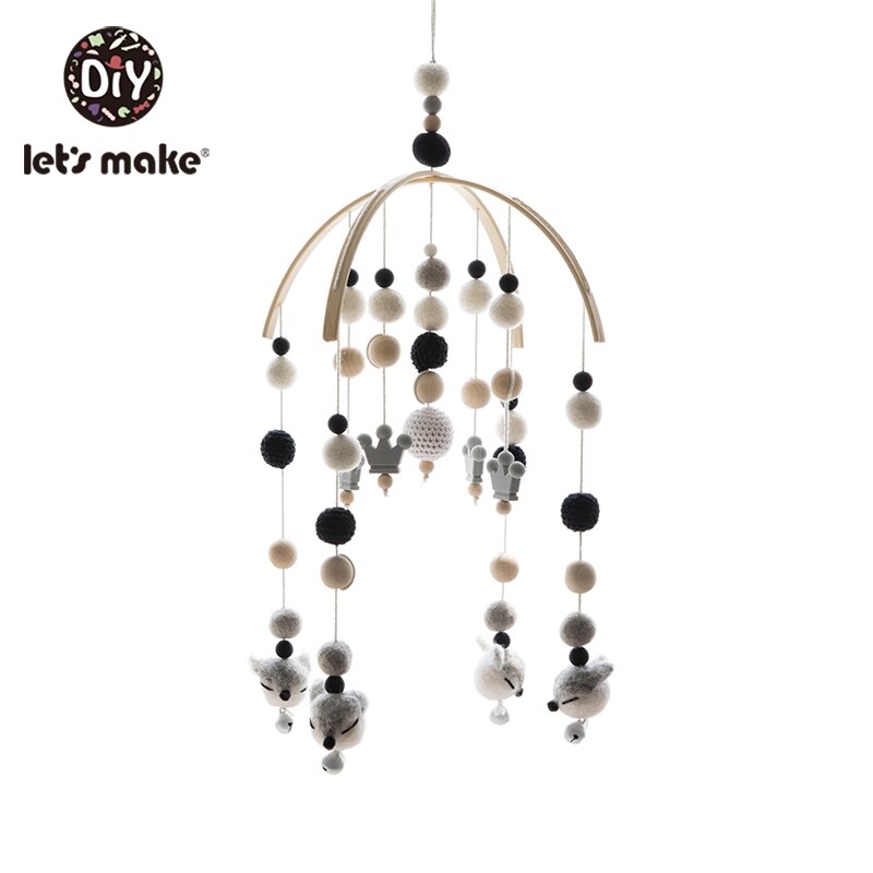Let's Maken Houten Baby Bed Speelgoed Wieg Mobiele Baby Kamer Kinderwagen Muziek Baby Vilt Wol Bal Rammelaars Houten Bijtring speelgoed: Gray Crown