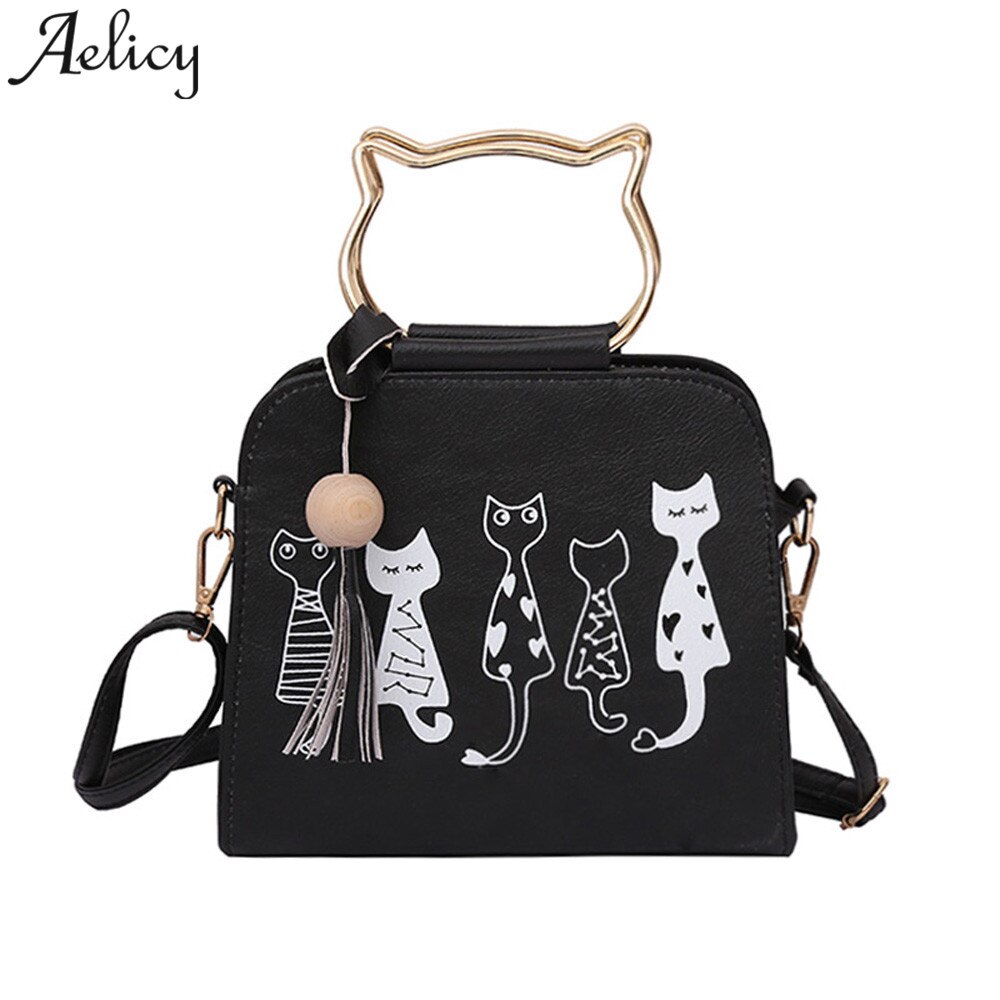 Bolsa de mensageiro feminina estilosa aelicy, bolsa de ombro com estampa de coelho e gato, para mulheres, 2018: Black