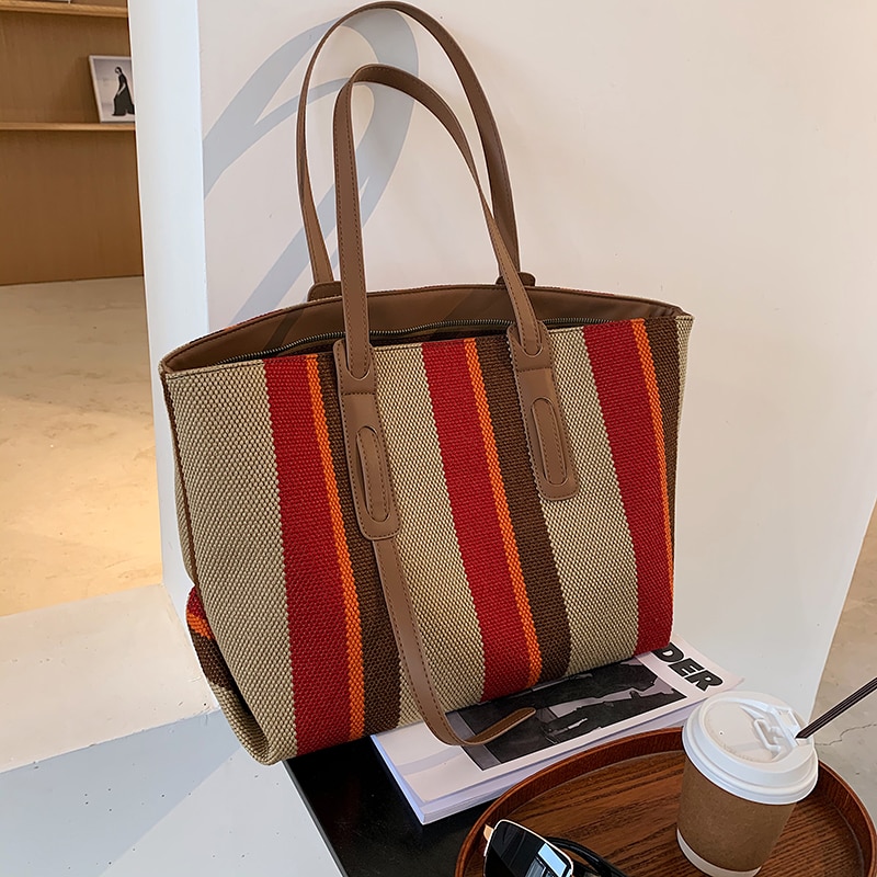 Woman Handbag Striped Canvas Large Shopper Tote: Red