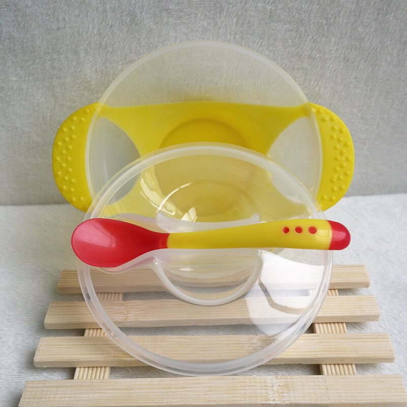 Alimentação sólida bebê pratos de alimentação utensílios de mesa crianças tigela comida temperatura sensing colher + prato capa pratos louça conjunto: Baby Dish Yellow 01