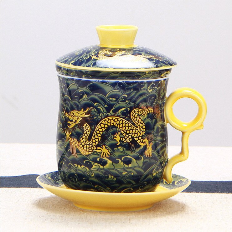 Cuatro juegos de tazas de té de cerámica filtrada, tazas de té y tazas de beber decoración de granja Gaiwan decoración de la habitación de porcelana azul: C