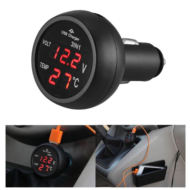 Universal 3 i 1 12/24v bil auto ledet digital voltmeter gauge termometer skærm display usb opladningsoplader til telefon tablet gps