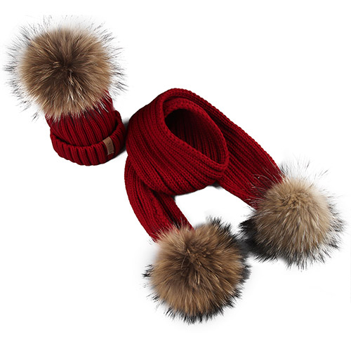 FURTALK Winter Kinderen Hoed Beanie Echte Wasbeer Bont Pompom Hoed en Sjaal Meisjes Bont Hoeden Jongens Caps Sjaals HTWL029: red fur pompom / 0.5-4 years