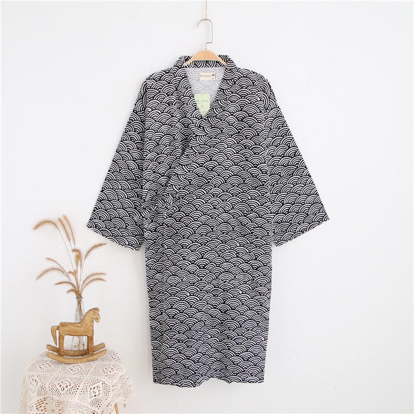 Men Kimono Bathing Robes Cotton Sauna Nightwear Pajamas Wave Print Vintage Japanese Style Yukata Sleepwear Breathable Clothing