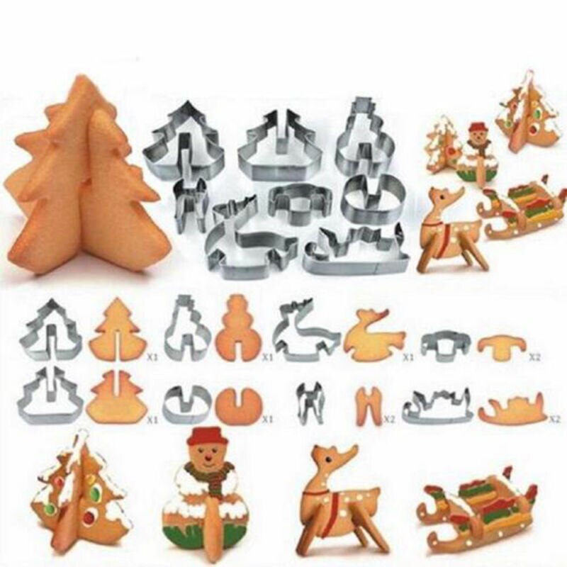 18PCS 3D Christmas Cookie Cutter Set Stainless Steel Xmas Biscuit Mold Gingerbread House DIY Baking Pastry Tool Kitchen Toys