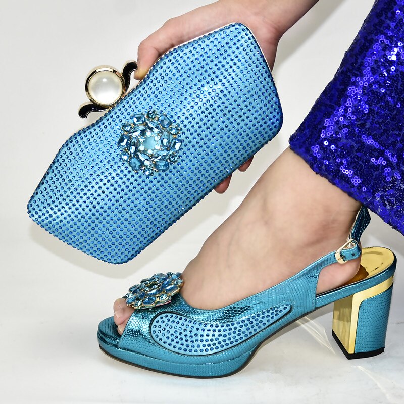 Latest Shoes and Bag Sets for Women Italian Shoes with Matching Bags for Wedding Italy Luxury Shoes Women: Sky blue / 6.5