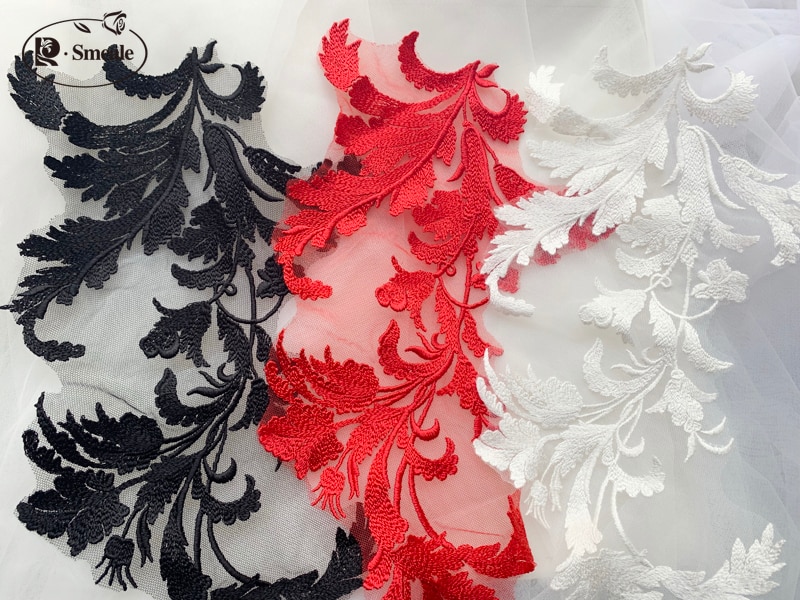 Zwart rood ivoor rayon katoenen draad kant spiegelbloemen bruiloft kant bloemen applicatie patch  rs2736