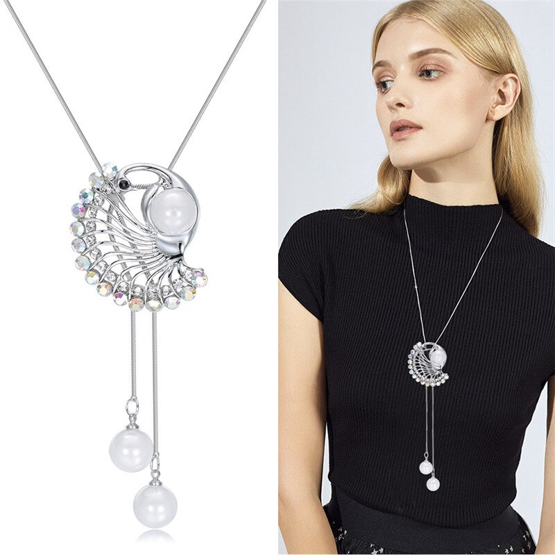 Ravimour Mode Lange Keten Trui Kettingen Voor Vrouwen Blue Opal Rhinestone Bloem Hanger Ketting Vrouwelijke Sieraden