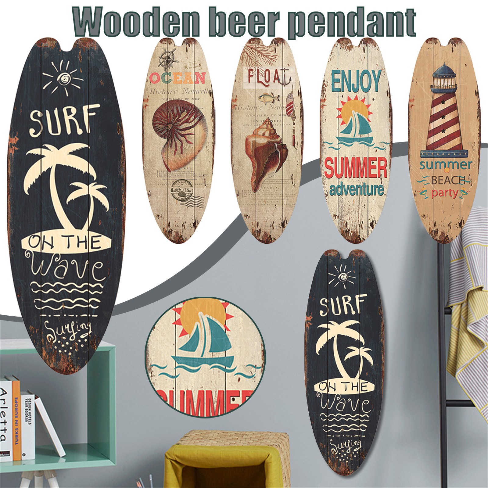 Strand havstema surfbräda trä fritid hem fest festival hängande dekoration bar hem vägg retro inredning trätryck skylt