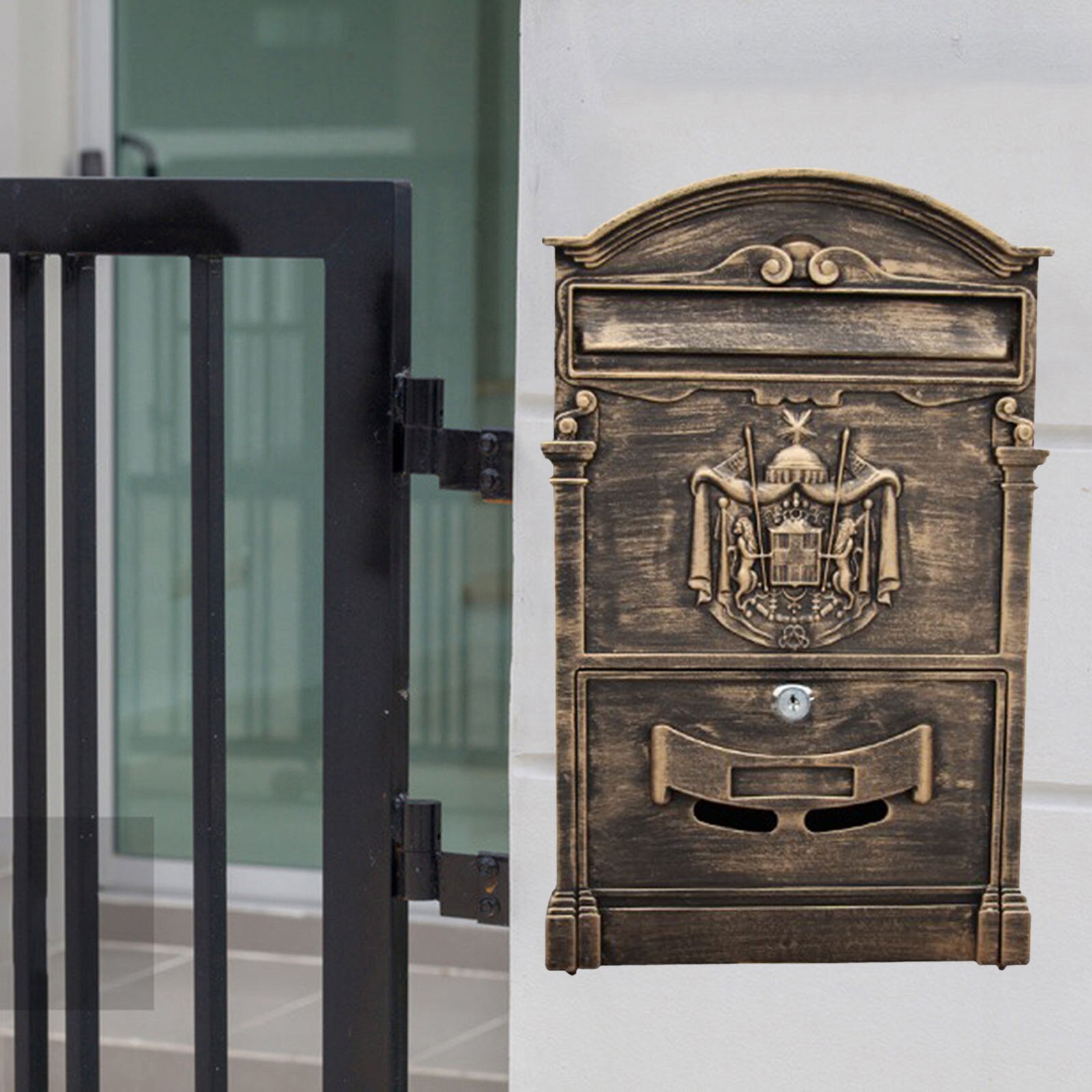 Retro Fence or Wall Mount Letterbox with Spare Keys Newspaper Holder Secure Newspaper Box Locking Mail Box for Front Porch: Bronze