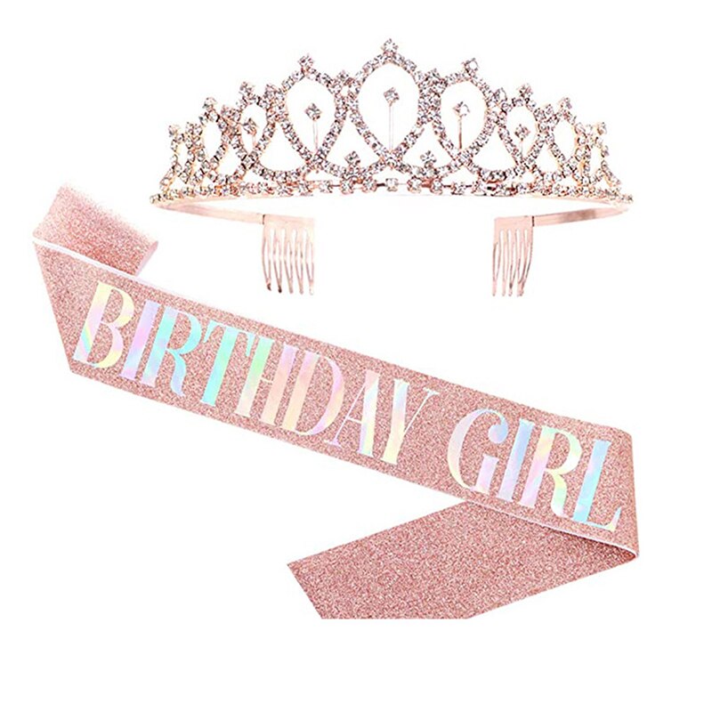 Bling Rhinestone Crystal Crown Tiara Birthday Anniversary Decoration Happy 18 21 30 40 50th Birthday Satin Sash Party Supplies: MCA