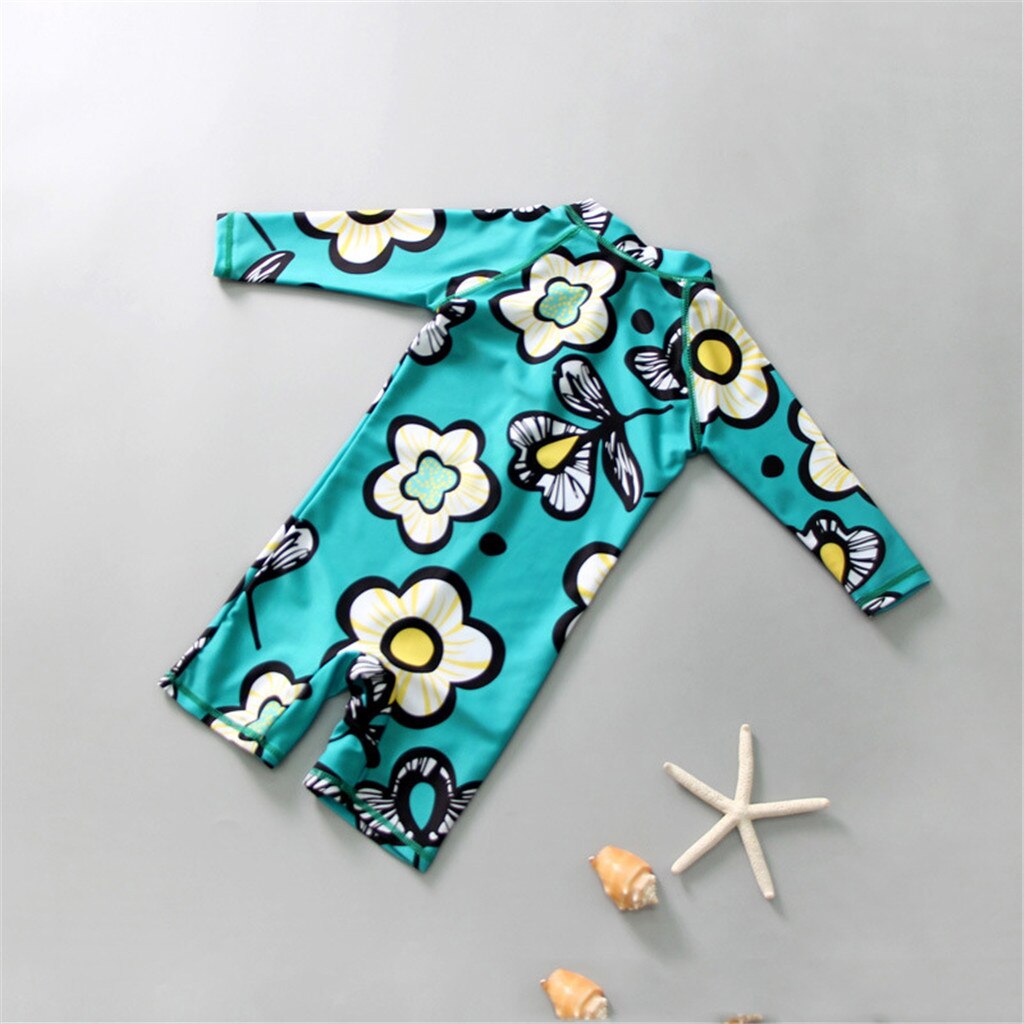 One-Piece Swimsuit for Girls Floral Print Zipper Front Long Sleeve Bikini Beachwear Cute Bathing Children's Swimsuit